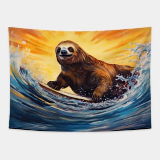 Sloth Surfer Sunset Tapestry