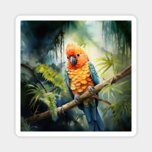 Colorful Avian Companion Perched on Tropical Tree Amidst Greenery Magnet