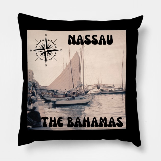 1960s Harbor Sailboat Scene in Nassau, The Bahamas Pillow by The Golden Palomino