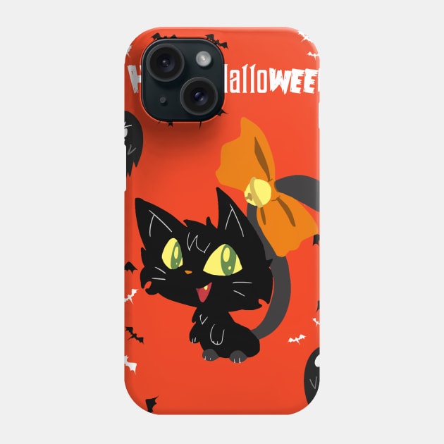 Orange Happy Halloween - Black Cat with a Bow Phone Case by saradaboru