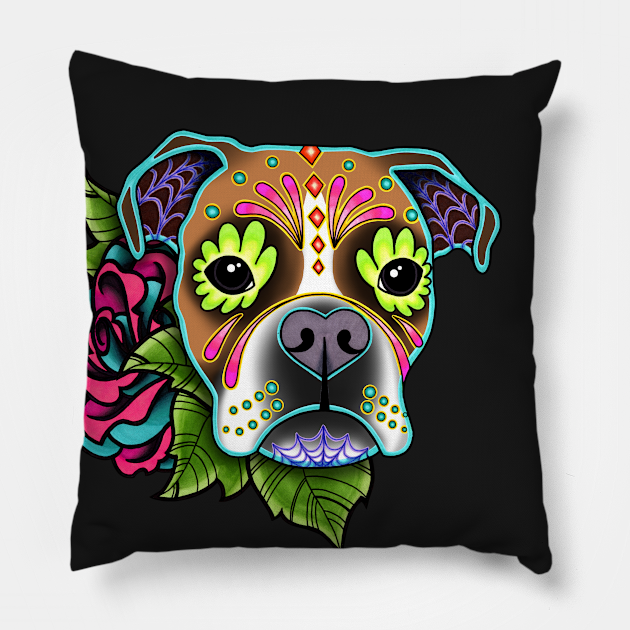 Boxer in White Fawn - Day of the Dead Sugar Skull Dog - Boxer Dog - Pillow