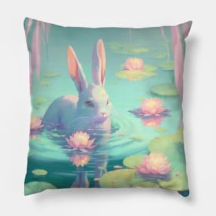 Water Rabbit Enjoying Lotus Pond Pillow