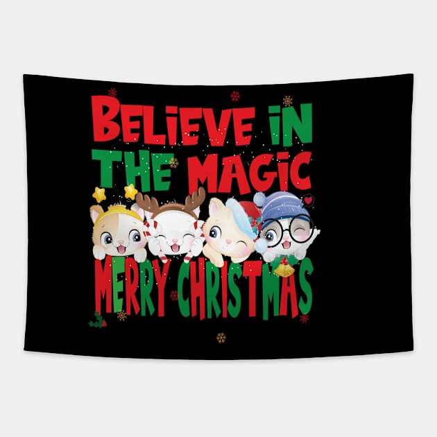 Cute Cats Kittens - Believe in the Magic Merry Christmas - Cat Lovers Xmas Secret Santa Tapestry by Envision Styles