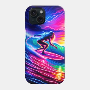 Colorful Neon Painting of Woman Surfing Phone Case