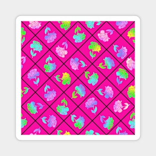 Window Pane Diagonal Floral Black Line on Hot Pink Magnet