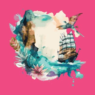 Watercolor old ship sea and bird semi abstract T-Shirt