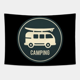 Minimalist Vintage Rv Camper With A Surfboard Tapestry