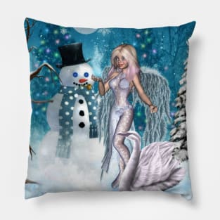 In the winter landscape, the snowman with ice fairy Pillow