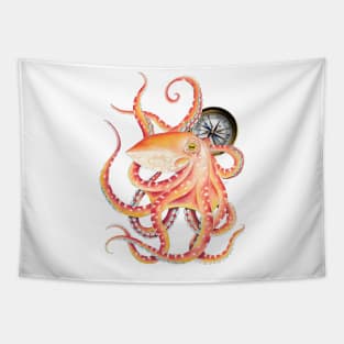 Red Octopus and Compass Nautical Marine Tapestry