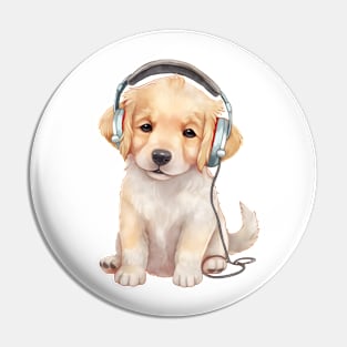 Watercolor Golden Retriever Dog with Headphones Pin