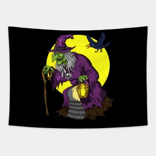 Scary Witch And Raven Halloween Tapestry