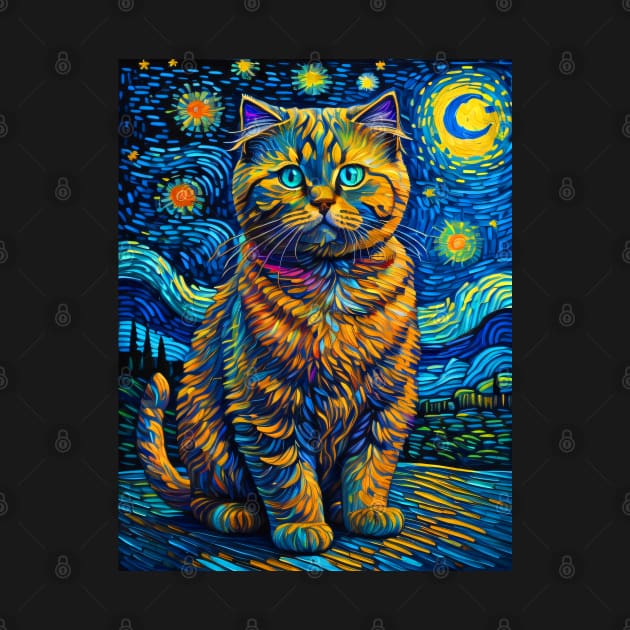 The Scottist Fold Cat in starry night by FUN GOGH