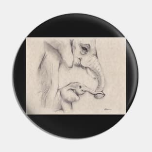 My Little One - Mama & Baby Elephant Charcoal Pencil Drawing Pin