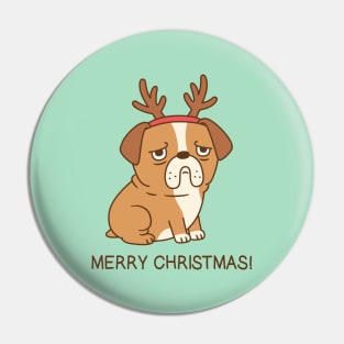 Grumpy Bulldog With Reindeer Antlers Funny Merry Christmas Pin