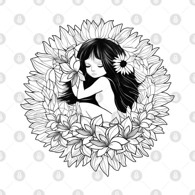 A beautiful girl sleeps sweetly in a flower blossom. by LinoLuno