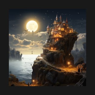 "Moonlit Cliffside Castle: A Majestic Nighttime Fantasy Escape" T-Shirt