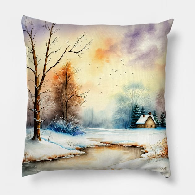 Chritsmas Snow Winter Watercolor Landscapes series 8 Pillow by Mi Styles