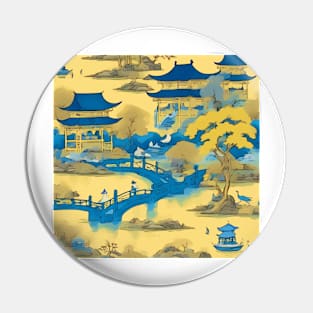 Chinoiserie landscape in blue and yellow Pin