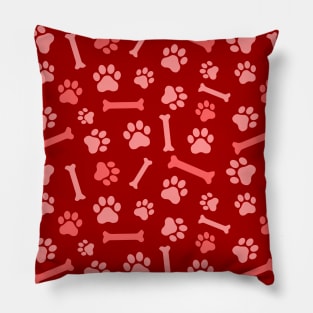 Pet - Cat or Dog Paw Footprint and Bone Pattern in Red Tones Pillow