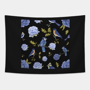 Peonies and blue birds on black backdrop Tapestry