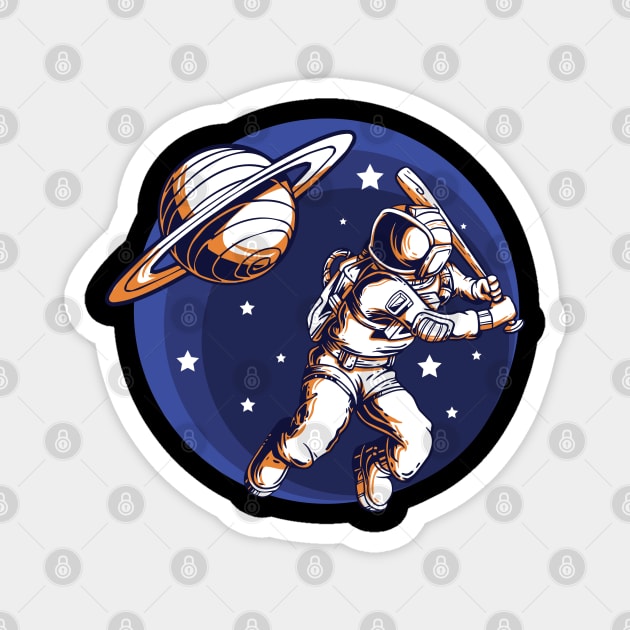 An Astronaut playing baseball and uses  Saturn as his ball to bat with stars on the background Magnet by gdimido