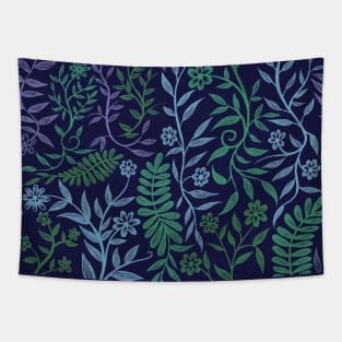 Floral Botanical Navy Blue Purple Pink Gold and Green Pattern Tapestry