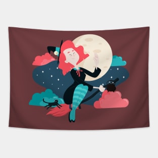 Kawaii Witch Flying in the moonlight With Her Black Cat and Cauldron Tapestry