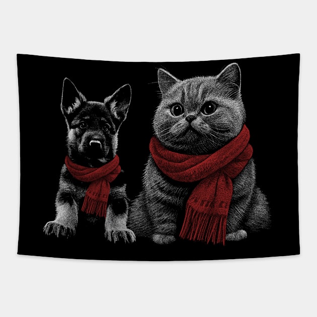 Best Friends Winter Cats and Dogs Lover Tapestry by Kali Space