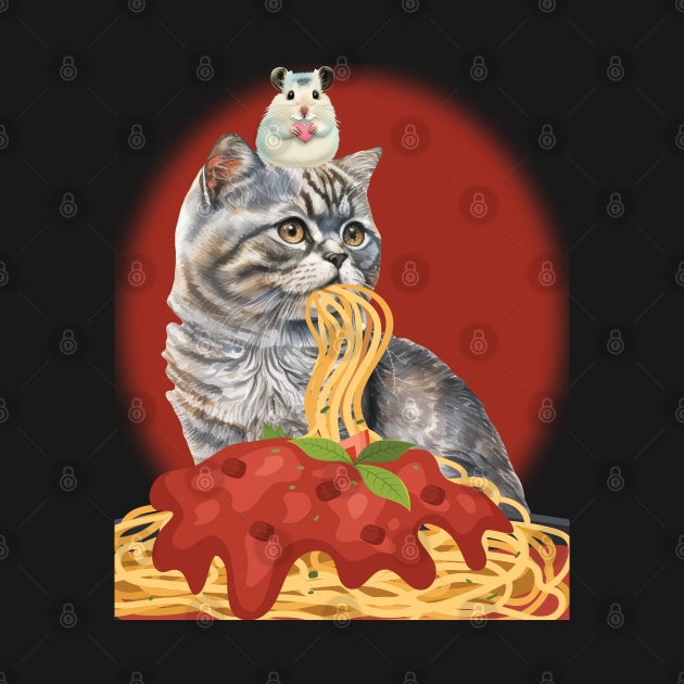 CUTE CAT EATING SPAGHETTI WITH GRATEFUL HAMSTER HOLDING A HEART by FlutteringWings 