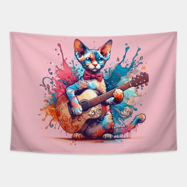 Devon Rex Cat Playing Guitar Tapestry by Graceful Designs