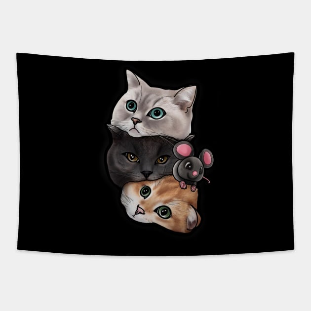 Three Cats and Mouse Design Tapestry by Print Art Station