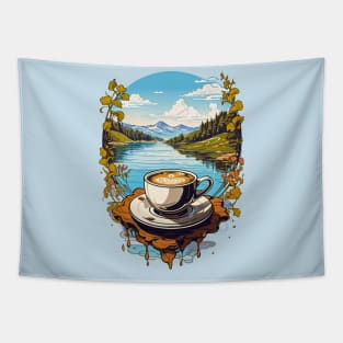 Coffee Cup with a Mountain Lake view design Tapestry