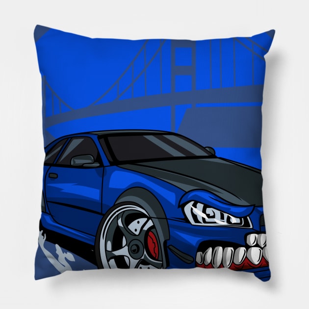 Monster blue drift car Pillow by beanbeardy