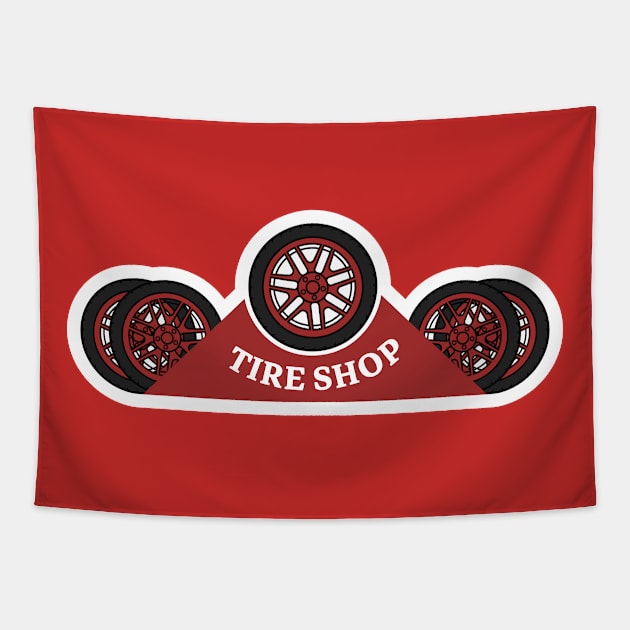 Set of tire shop logo design. Wheel repair service template. Vintage style emblems and badges retro illustration. Tapestry by AlviStudio