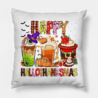 Coffee Halloween Thanksgiving Christmas Happy Hallothanksmas TShirt Pillow