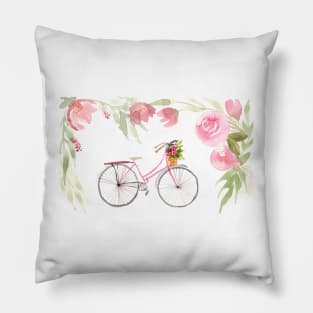 Watercolor bicycle with floral basket Pillow