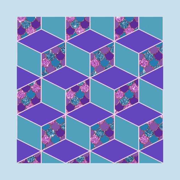 Mermaid Scale Purple and Teal Cubed Geometric Pattern by SeaChangeDesign