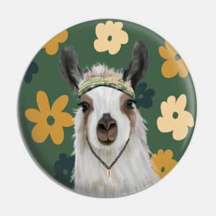 Boho Llama on Retro Green Flowers Pin