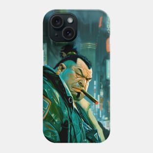 Puff Sumo 2: Smoking a Fat Cigar in a Dystopian City Scene on a Dark Background Phone Case