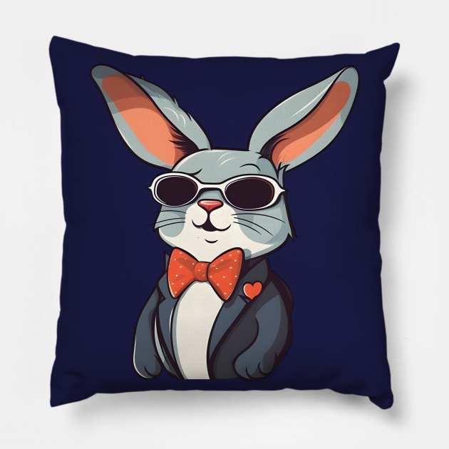 Dapper Bunny in a Suit, Bow Tie, and Sunglasses Pillow by ObscureDesigns