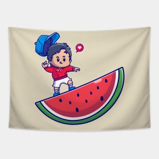 Cute Boy On Watermelon Cartoon Tapestry