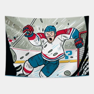 Super star hockey player scoring a goal Tapestry