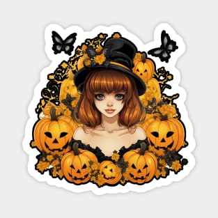 Anime Halloween Witch Girl with Pumpkins and Butterflies Magnet