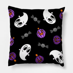 Cute Ghosts, Purple Pumpkins, and Bats Cartoon Pattern, made by EndlessEmporium Pillow