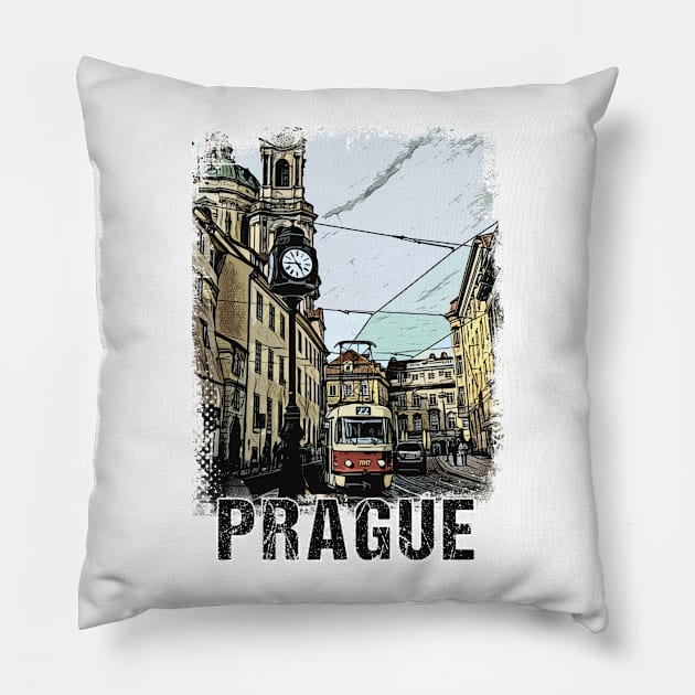 Prague City Streets Vintage Travel Poster Series grunge edition 05 Pillow by Naumovski