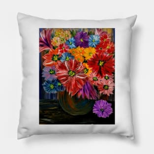 So a lovely color combination in this bouquet of flowers in a metallic silver and purple and turquoise blend vase . Pillow