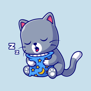 Cute Cat Sleeping With Pillow Cartoon T-Shirt