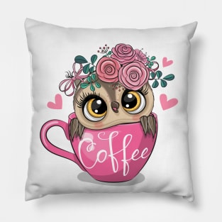 A cute owl with flowers on its head sits in a cup Pillow