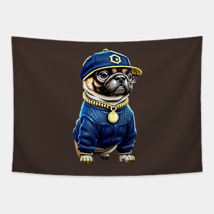 Cool Pug in Denim and Bling - Adorable Pug Wearing Hip Hop Style Clothing Tapestry