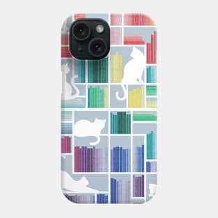 Rainbow bookshelf // pastel blue background white shelf and library cats Phone Case